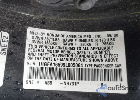 2009 Honda Civic Lx z USA, uszkodzony, nr VIN 1HGFA16599L005064